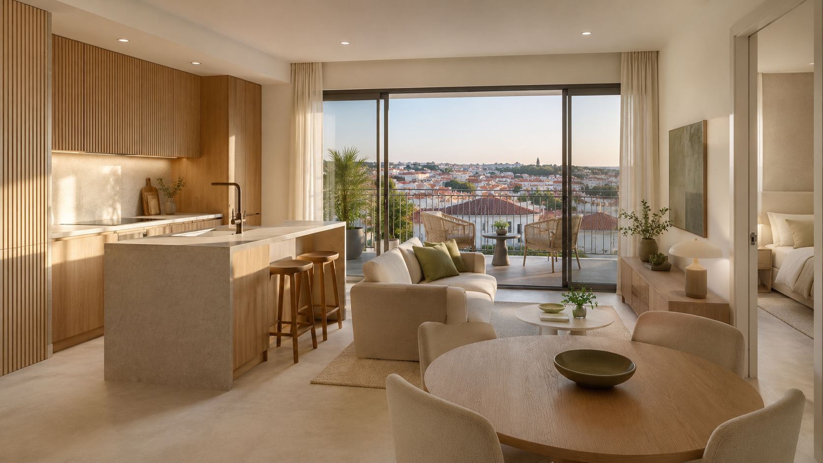 Ambiente conceptual de um apartamento T1, com cozinha e sala ligadas à varanda