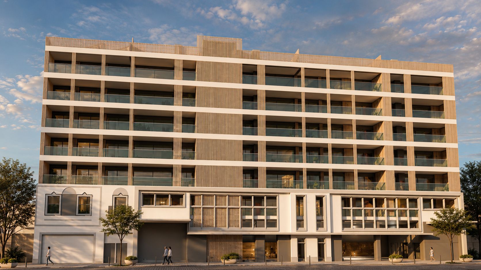 Fachada principal proposta para o SA RESIDENCES, com varandas e galeria no embasamento