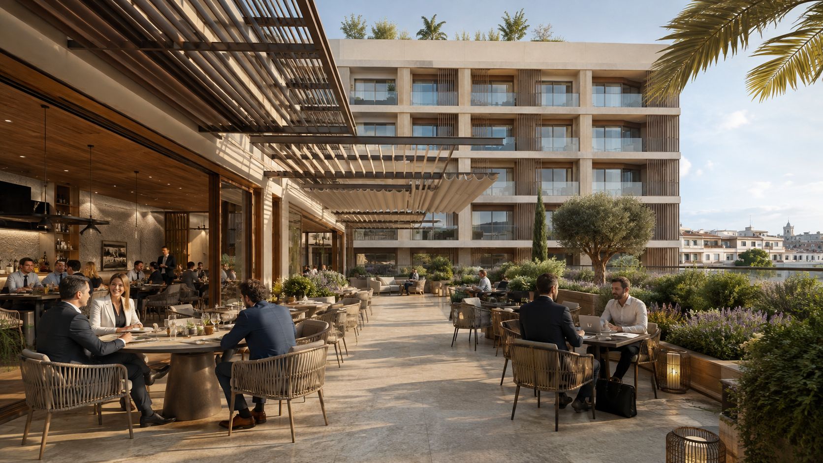 Terraço de convívio no tardoz, na cobertura do piso 0, com mesas e apoio de restauração